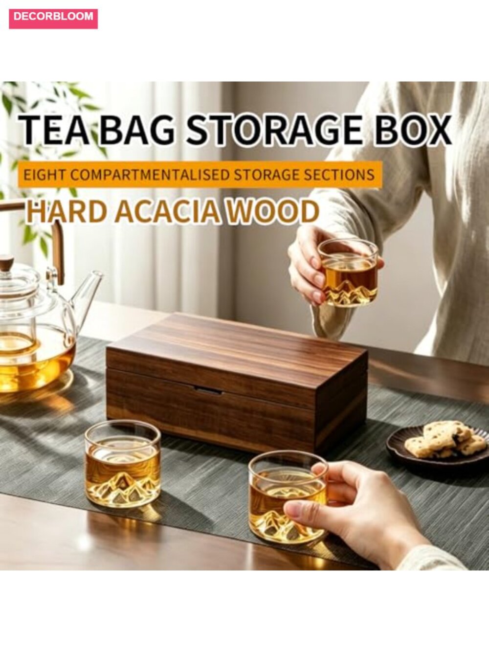 Acacia Wood Tea Bag Organizer Box Magnetic Lid 6 Compartment Tea Station - Picture 3 of 6